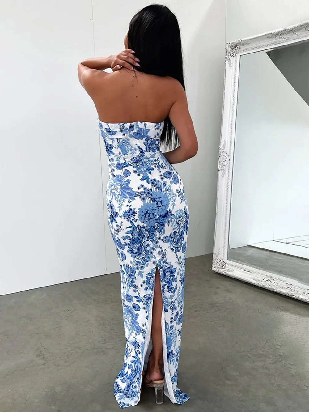 Commense Blue White Floral Strapless Maxi Dress Cottagecore Resort Wear XL - Picture 2 of 4